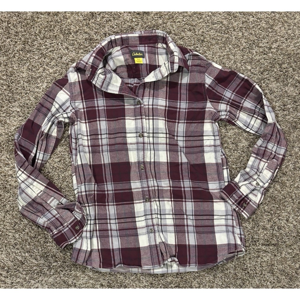 Cabelas Plaid Maroon White Long Sleeve Button Down Flannel Shirt Women’s S
